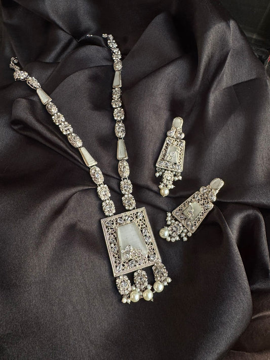 Gold & Silver Plated Kundan Necklace & Earrings Set – Multicolor,Grey  & White Stone Variations, Traditional Ethnic Jewelry with Pearl Drops