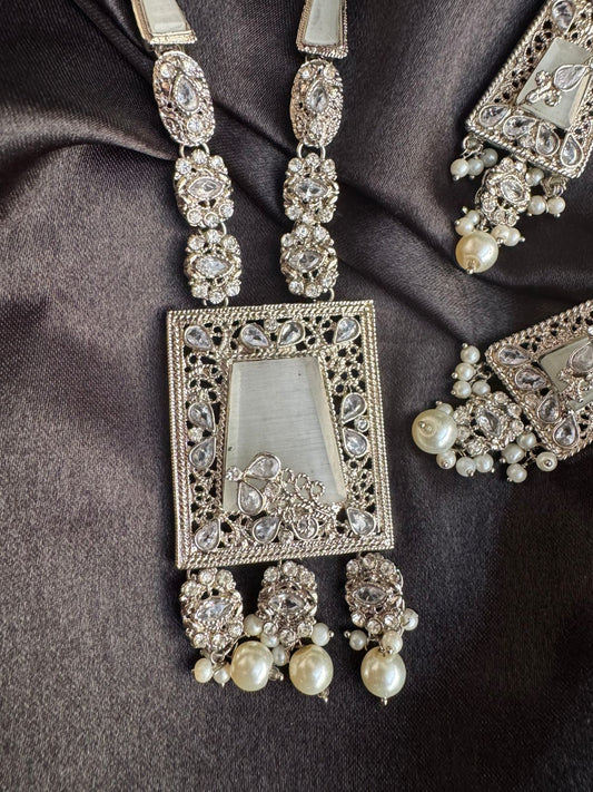 Gold & Silver Plated Kundan Necklace & Earrings Set – Multicolor,Grey  & White Stone Variations, Traditional Ethnic Jewelry with Pearl Drops