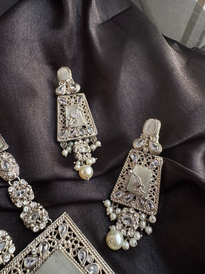 Gold & Silver Plated Kundan Necklace & Earrings Set – Multicolor,Grey  & White Stone Variations, Traditional Ethnic Jewelry with Pearl Drops