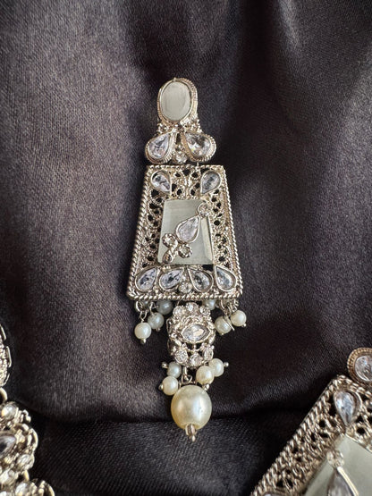 Gold & Silver Plated Kundan Necklace & Earrings Set – Multicolor,Grey  & White Stone Variations, Traditional Ethnic Jewelry with Pearl Drops