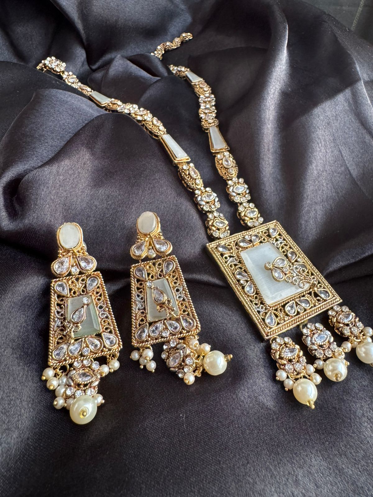 Gold & Silver Plated Kundan Necklace & Earrings Set – Multicolor,Grey  & White Stone Variations, Traditional Ethnic Jewelry with Pearl Drops