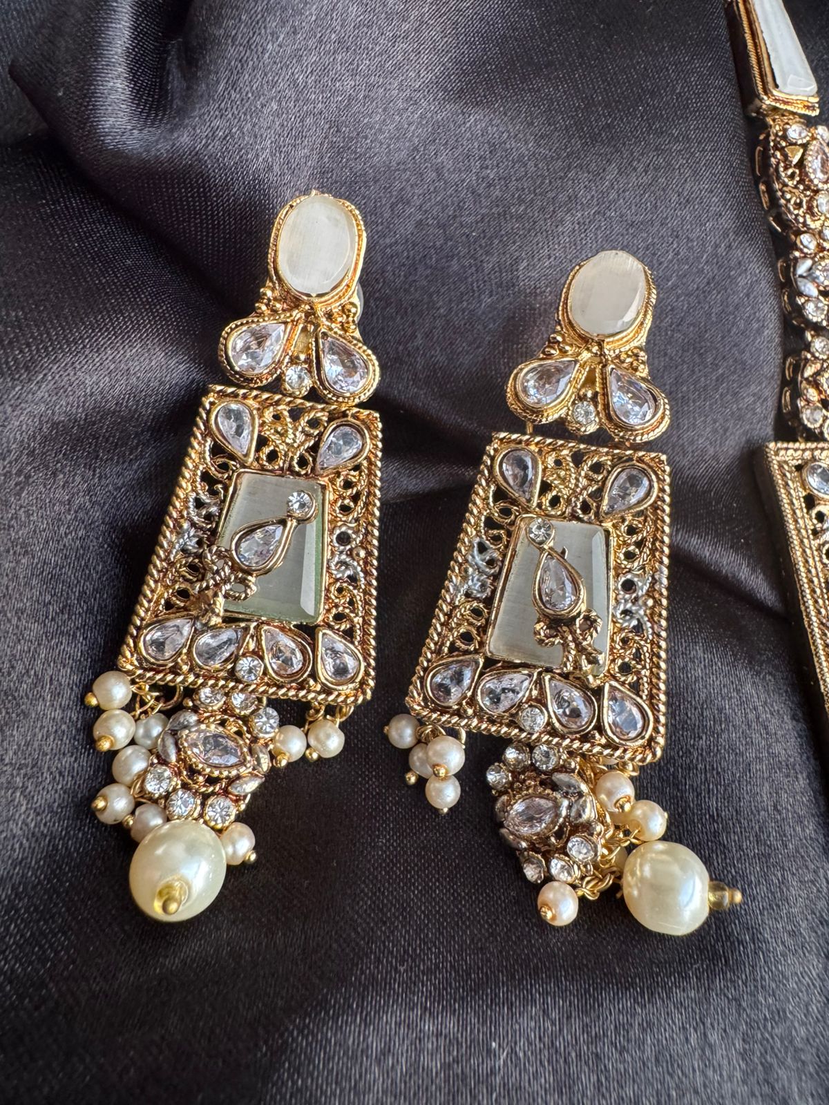 Gold & Silver Plated Kundan Necklace & Earrings Set – Multicolor,Grey  & White Stone Variations, Traditional Ethnic Jewelry with Pearl Drops