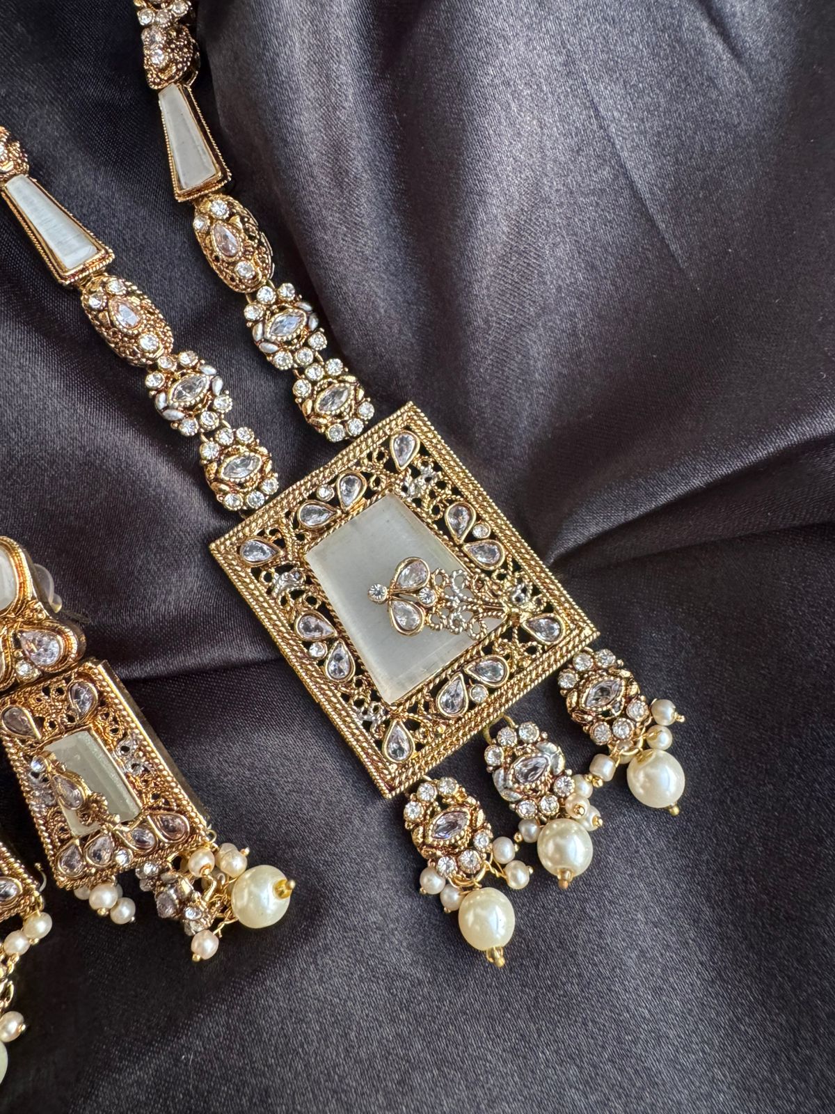 Gold & Silver Plated Kundan Necklace & Earrings Set – Multicolor,Grey  & White Stone Variations, Traditional Ethnic Jewelry with Pearl Drops