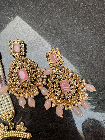Regal Gold-Plated Kundan & Pink Bead Long Necklace Set | Traditional Royal Pendant & Earrings