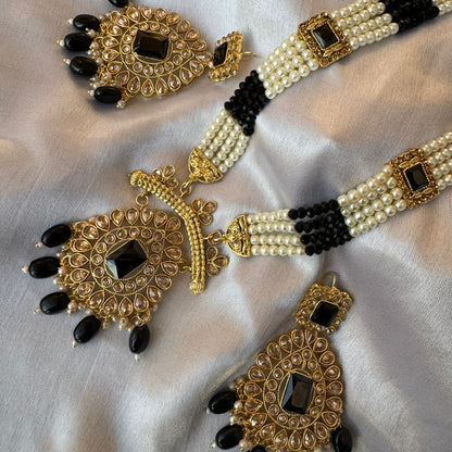 Regal Gold-Plated Kundan Pink & Black Variants Bead Long Necklace Set