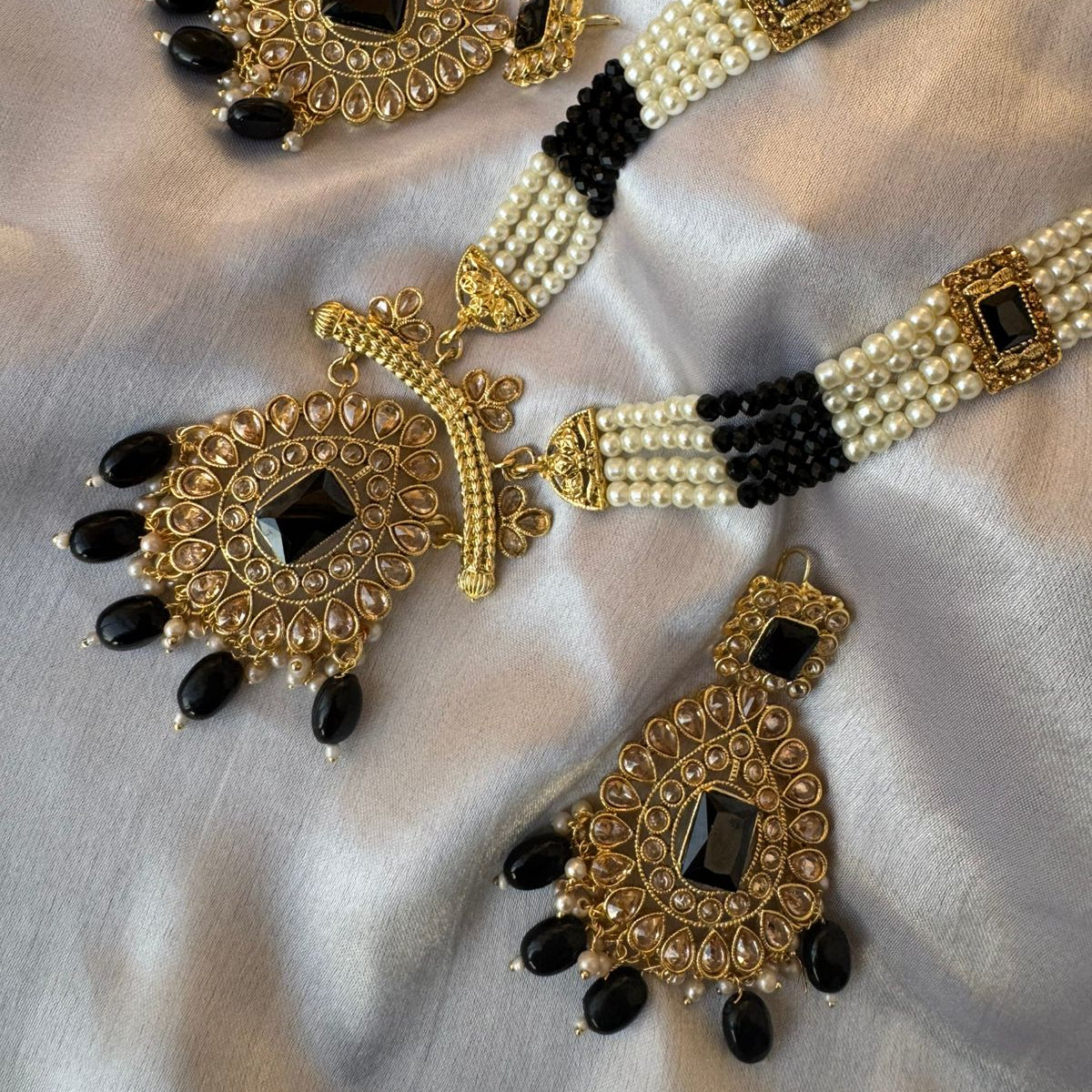 Regal Gold-Plated Kundan Pink & Black Variants Bead Long Necklace Set
