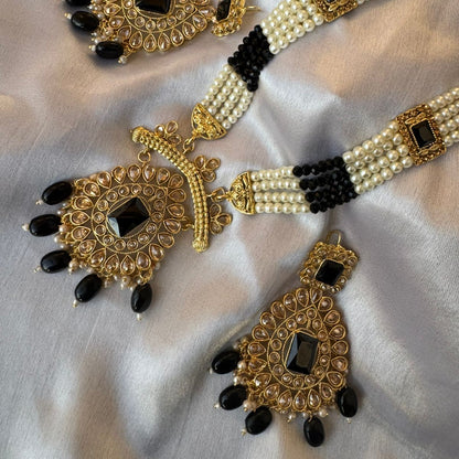 Regal Gold-Plated Kundan Pink & Black Variants Bead Long Necklace Set