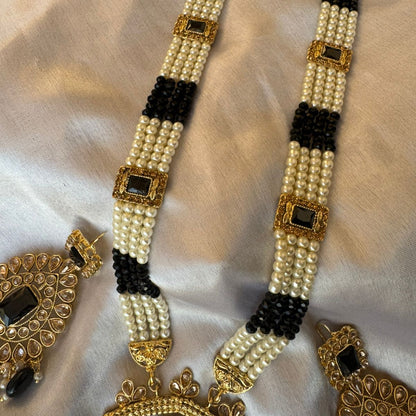 Regal Gold-Plated Kundan Pink & Black Variants Bead Long Necklace Set