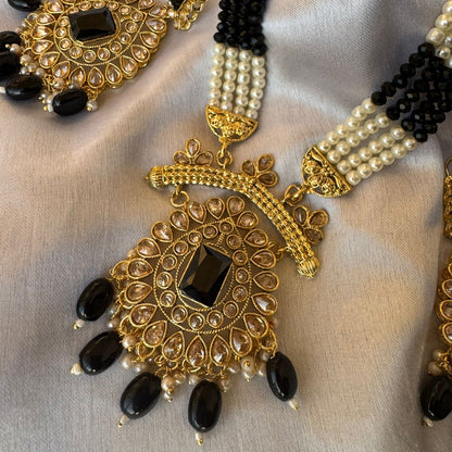 Regal Gold-Plated Kundan Pink & Black Variants Bead Long Necklace Set