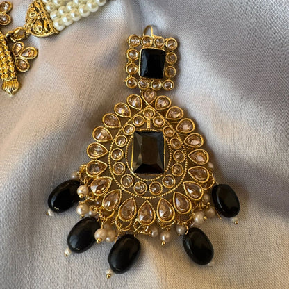 Regal Gold-Plated Kundan Pink & Black Variants Bead Long Necklace Set