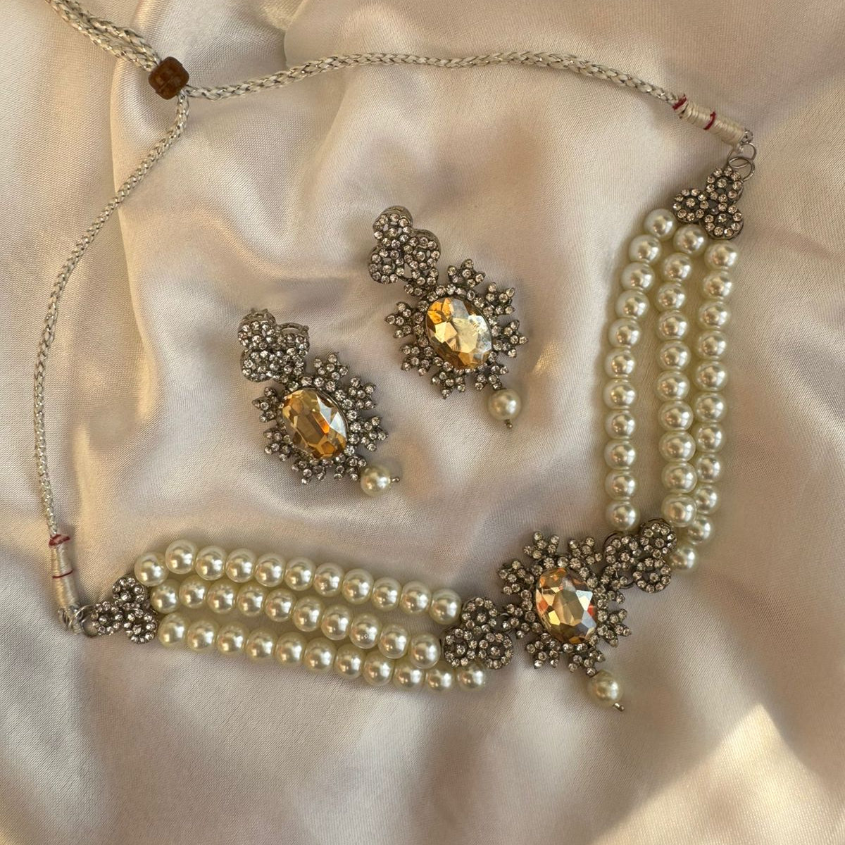 Antique Silver Finish Multi-Strand Faux Pearl Choker Necklace Set