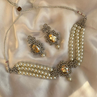 Antique Silver Finish Multi-Strand Faux Pearl Choker Necklace Set