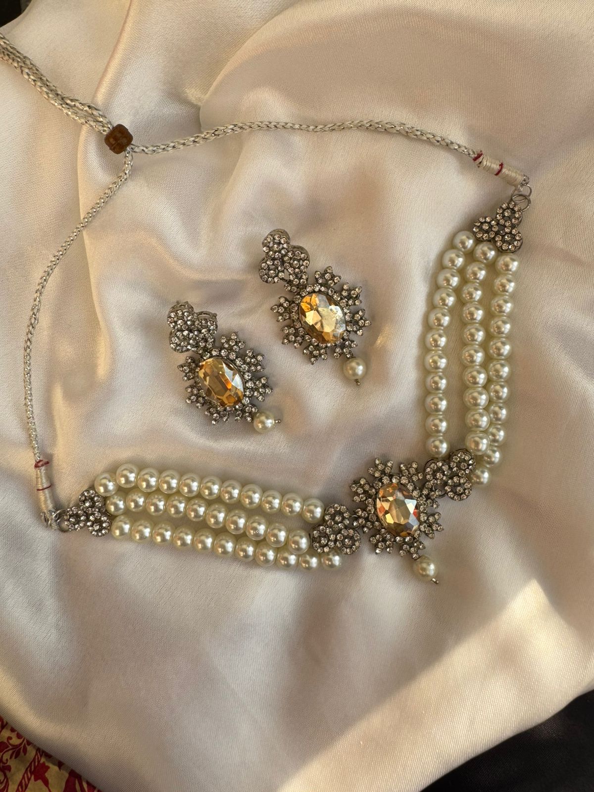 Antique Silver Finish Multi-Strand Faux Pearl Choker Necklace Set