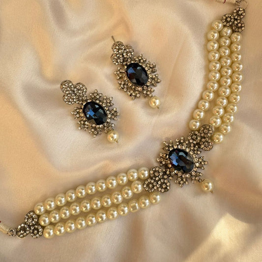 Antique Silver Finish Multi-Strand Faux Pearl Choker Necklace Set