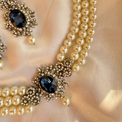 Antique Silver Finish Multi-Strand Faux Pearl Choker Necklace Set