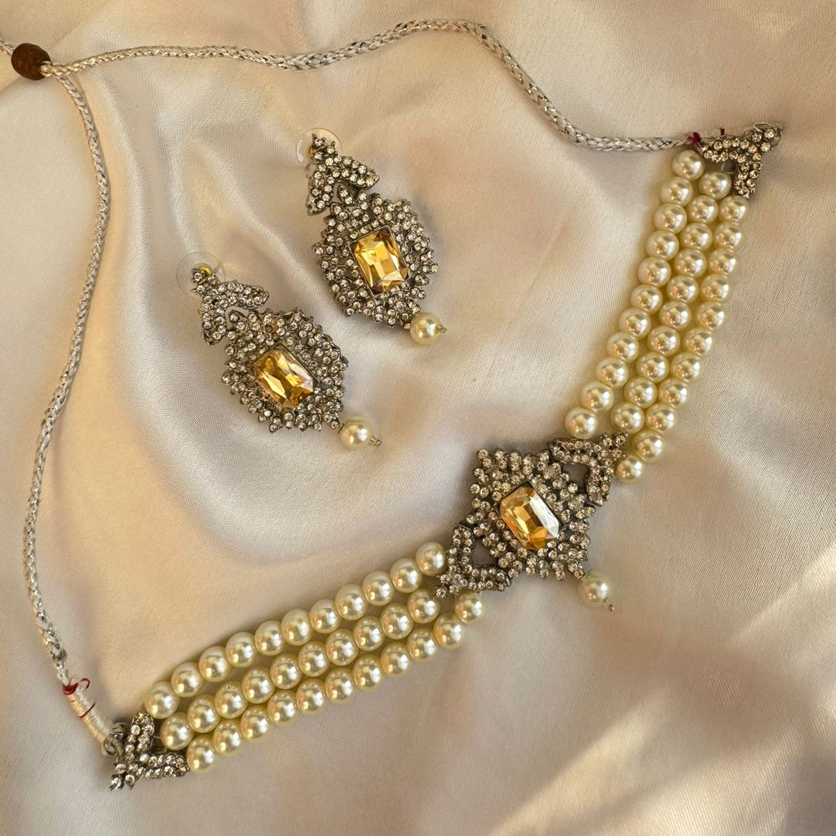 Antique Silver Finish Multi-Layer Pearl Choker Necklace Set