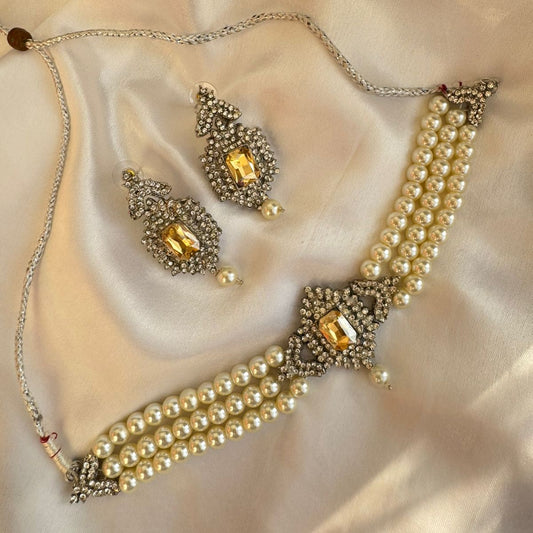 Antique Silver Finish Multi-Layer Pearl Choker Necklace Set