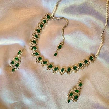 Premium Silver-Plated Emerald Choker Necklace Set with Dangle Earrings